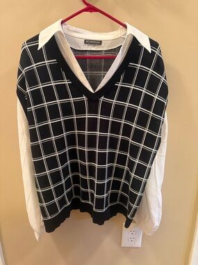 Adrianna Papell Black Windowpane V-Neck Sweater with Attached White Shirt
